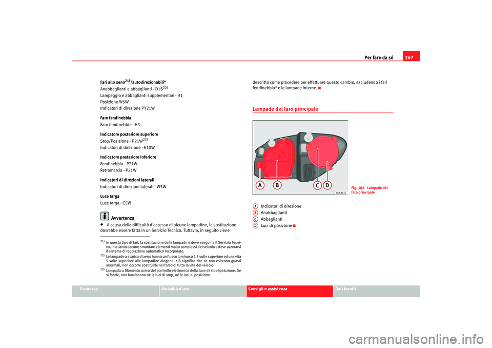 Seat Altea 2008 Manuale del proprietario (in Italian) Per fare da sé267
Sicurezza
Modalità duso
Consigli e assistenza
Dati tecnici
Fari allo xeno
21)/autodirezionabili*
Anabbaglianti e abbaglianti - D1S
22)
Lampeggio e abbaglia nti supplementari - H1
Seat Altea 2008 Manuale del proprietario (in Italian) Per fare da sé267
Sicurezza
Modalità duso
Consigli e assistenza
Dati tecnici
Fari allo xeno
21)/autodirezionabili*
Anabbaglianti e abbaglianti - D1S
22)
Lampeggio e abbaglia nti supplementari - H1