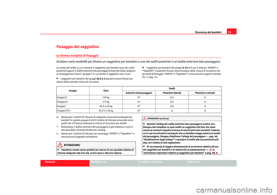 Seat Altea 2008  Manuale del proprietario (in Italian) Sicurezza dei bambini53
Sicurezza
Modalità duso
Consigli e assistenza
Dati tecnici
Fissaggio del seggiolinoLe diverse modalità di fissaggio
Esistono varie modalità per fissare un seggiolino per ba