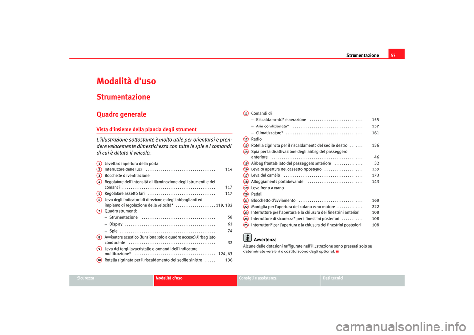 Seat Altea 2008  Manuale del proprietario (in Italian) Strumentazione57
Sicurezza
Modalità duso
Consigli e assistenza
Dati tecnici
Modalità dusoStrumentazioneQuadro generaleVista dinsieme della plancia degli strumenti
Lillustrazione sottostante è m