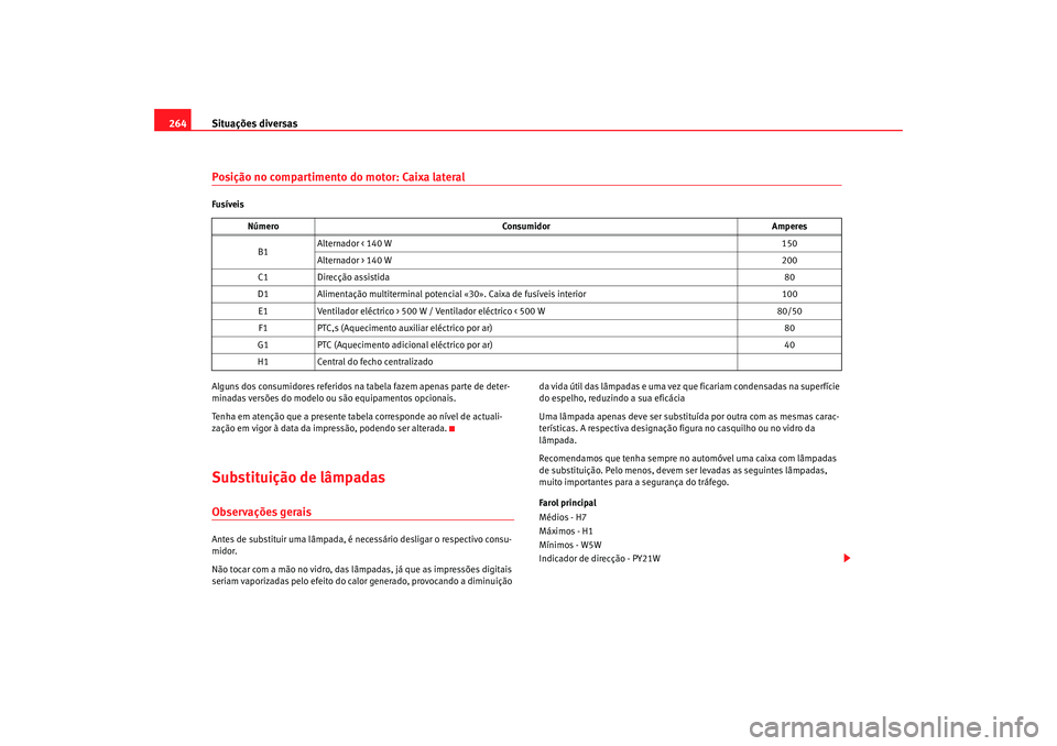 Seat Altea 2008 Manual do proprietário (in Portuguese) Situações diversas
264Posição no compartimento do motor: Caixa lateralFusíveis
Alguns dos consumidores referidos na tabela fazem apenas parte de deter-
minadas versões do modelo ou são equipame Seat Altea 2008 Manual do proprietário (in Portuguese) Situações diversas
264Posição no compartimento do motor: Caixa lateralFusíveis
Alguns dos consumidores referidos na tabela fazem apenas parte de deter-
minadas versões do modelo ou são equipame