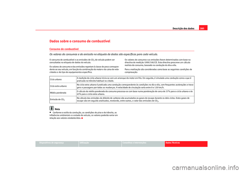 Seat Altea 2008 Manual do proprietário (in Portuguese) Descrição dos dados285
Dispositivos de segurança
Utilização
Conselhos e Intervenções
Dados Técnicos
Dados sobre o consumo de combustívelConsumo de combustível
Os valores de consumos e de emi Seat Altea 2008 Manual do proprietário (in Portuguese) Descrição dos dados285
Dispositivos de segurança
Utilização
Conselhos e Intervenções
Dados Técnicos
Dados sobre o consumo de combustívelConsumo de combustível
Os valores de consumos e de emi
