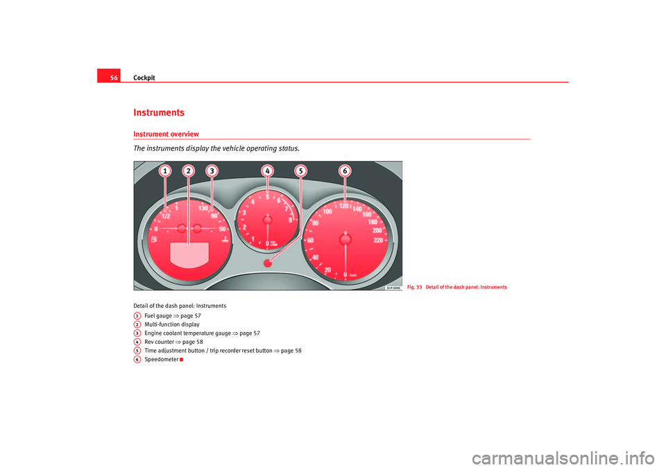 Seat Altea 2007  Owners Manual Cockpit
56InstrumentsInstrument overview
The instruments display the vehicle operating status.Detail of the dash panel: Instruments
Fuel gauge ⇒ page 57
Multi-function display
Engine coolant tempera