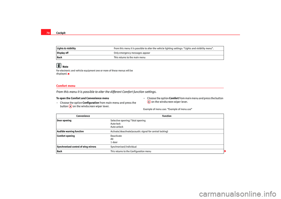 Seat Altea 2007  Owners Manual Cockpit
70
NoteFor electronic and vehicle equipment on e or more of these menus will be 
displayed.Comfort menu
From this menu it is possible to alter the different Comfort function settings.To open t