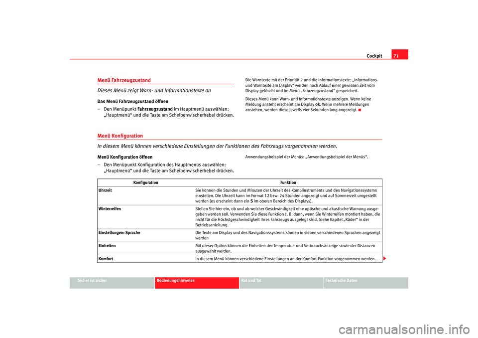 Seat Altea 2007  Betriebsanleitung (in German) Cockpit71
Sicher ist sicher
Bedienungshinweise
Rat und Tat
Technische Daten
Menü Fahrzeugzustand 
Dieses Menü zeigt Warn- und Informationstexte anDas Menü Fahrzeugzustand öffnen
–Den Menüpunkt 