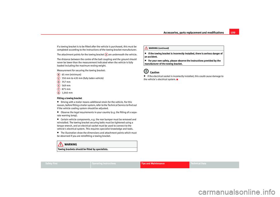 Seat Altea 2006  Owners Manual Accessories, parts replacement and modifications199
Safety First
Operating instructions
Tips and Maintenance
Te c h n i c a l  D a t a
If a towing bracket is to be fitted after the vehicle is purchase