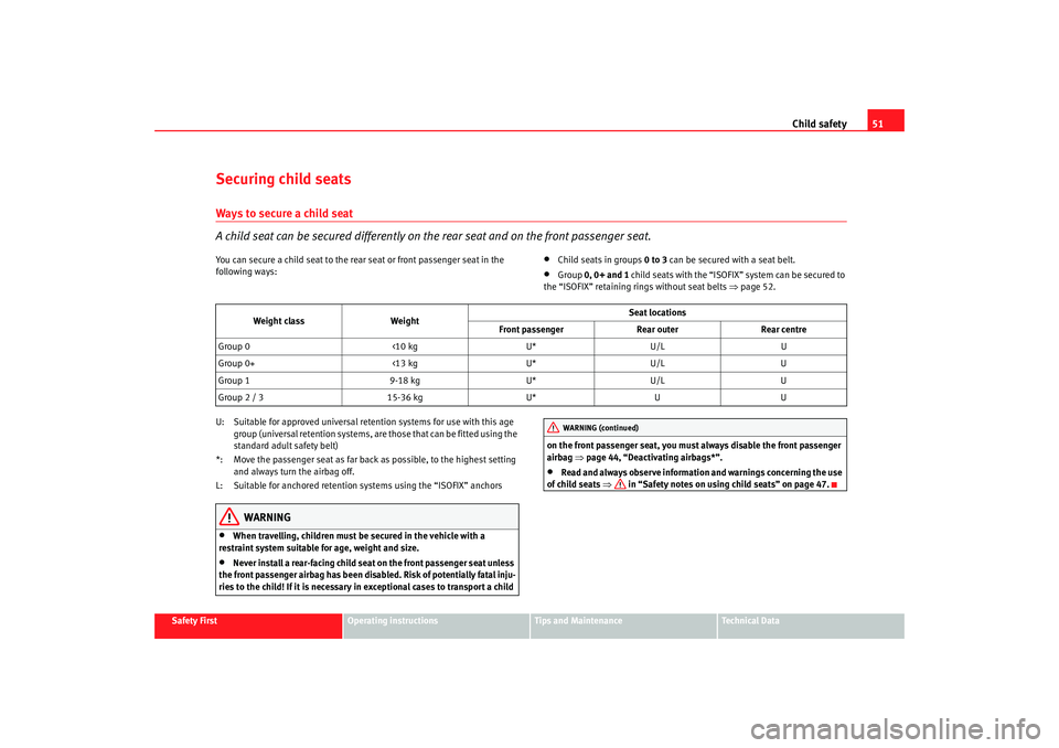 Seat Altea 2006 Workshop Manual Child safety51
Safety First
Operating instructions
Tips and Maintenance
Te c h n i c a l  D a t a
Securing child seatsWays to secure a child seat
A child seat can be secured differently on th e rear s
