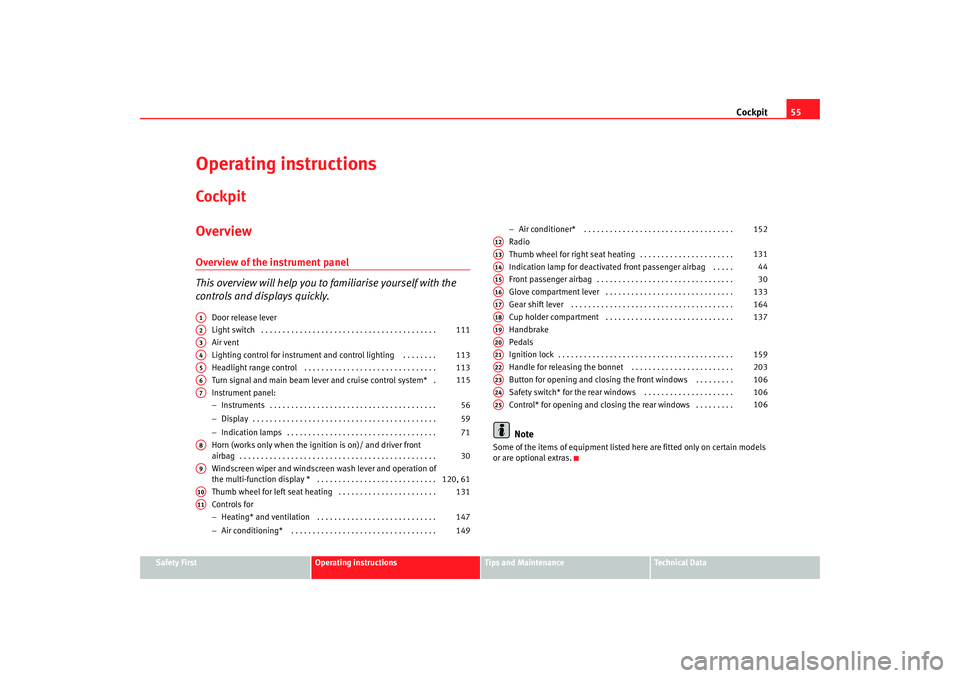 Seat Altea 2006  Owners Manual Cockpit55
Safety First
Operating instructions
Tips and Maintenance
Te c h n i c a l  D a t a
Operating instructionsCockpitOverviewOverview of the instrument panel
This overview will help you to  famil