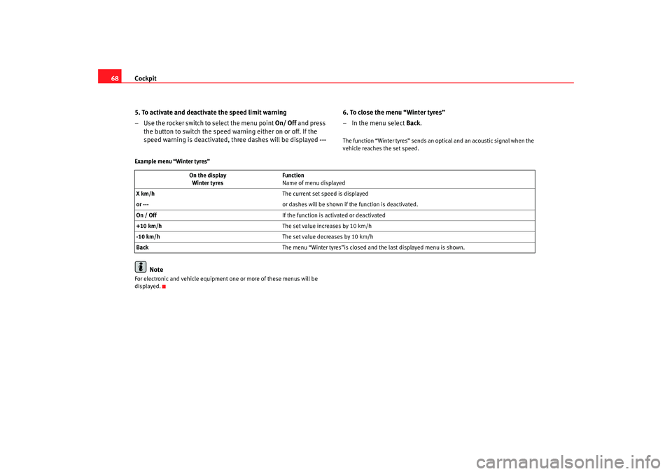 Seat Altea 2006 Repair Manual Cockpit
68
5. To activate and deactivate the speed limit warning
– Use the rocker switch to select the menu point  On/ Off and press 
the button to switch the speed warning either on or off. If the 