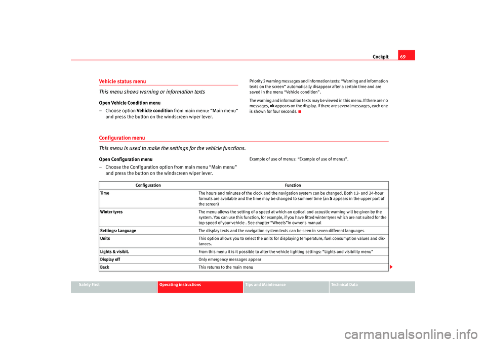 Seat Altea 2006  Owners Manual Cockpit69
Safety First
Operating instructions
Tips and Maintenance
Te c h n i c a l  D a t a
Vehicle status menu 
This menu shows warning or information textsOpen Vehicle Condition menu
– Choose  op