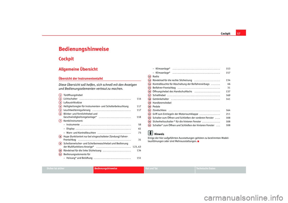 Seat Altea 2006  Betriebsanleitung (in German) Cockpit57
Sicher ist sicher
Bedienungshinweise
Rat und Tat
Technische Daten
BedienungshinweiseCockpitAllgemeine ÜbersichtÜbersicht der Instrumententafel
Diese Übersicht soll helfen, si ch schnell m
