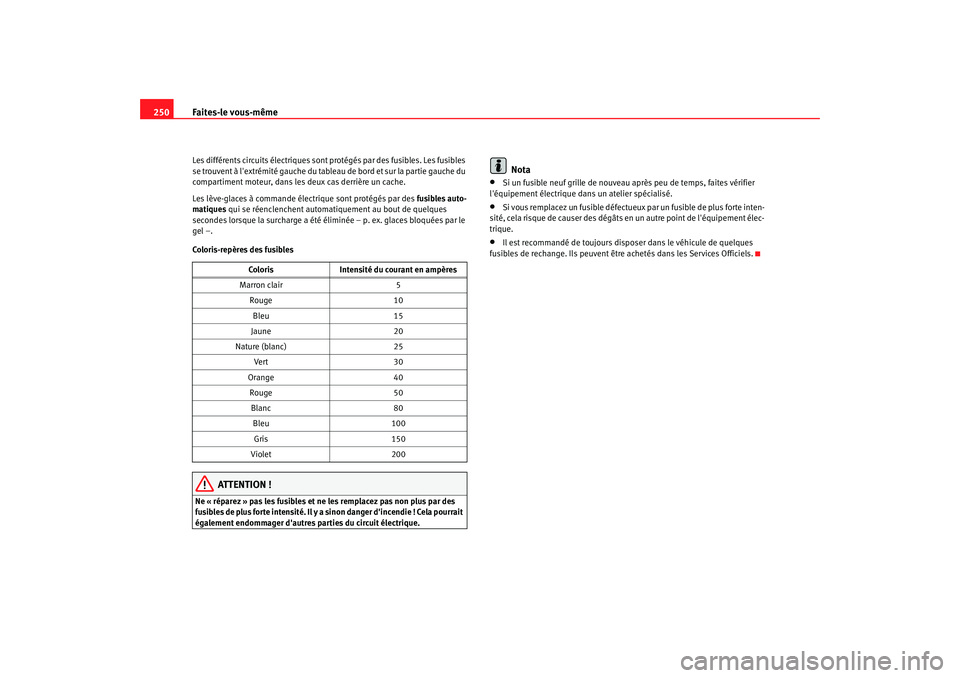 Seat Altea 2006  Manuel du propriétaire (in French)  Faites-le vous-même
250Les différents circuits électriques sont protégés par des fusibles. Les fusibles 
se trouvent à lextrémité gauche du tableau de bord et sur la partie gauche du 
compart