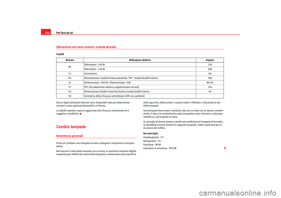 Seat Altea 2006  Manuale del proprietario (in Italian) Per fare da sé
254Ubicazione nel vano motore: scatola lateraleFusibili
Alcuni degli utilizzatori elencati sono disponibili solo per determinate 
versioni o sono optional disponibili a richiesta.
La t