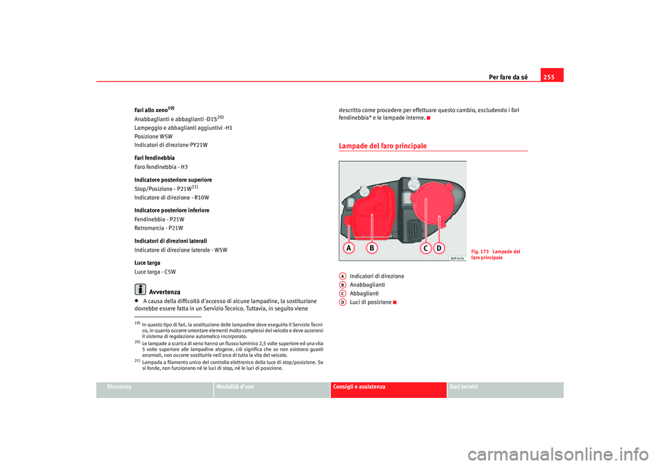 Seat Altea 2006 Manuale del proprietario (in Italian) Per fare da sé255
Sicurezza
Modalità duso
Consigli e assistenza
Dati tecnici
Fari allo xeno
19)
Anabbaglianti e abbaglianti -D1S
20)
Lampeggio e abbaglia
nti aggiuntivi -H1
Posizione W5W
Indicatori Seat Altea 2006 Manuale del proprietario (in Italian) Per fare da sé255
Sicurezza
Modalità duso
Consigli e assistenza
Dati tecnici
Fari allo xeno
19)
Anabbaglianti e abbaglianti -D1S
20)
Lampeggio e abbaglia
nti aggiuntivi -H1
Posizione W5W
Indicatori