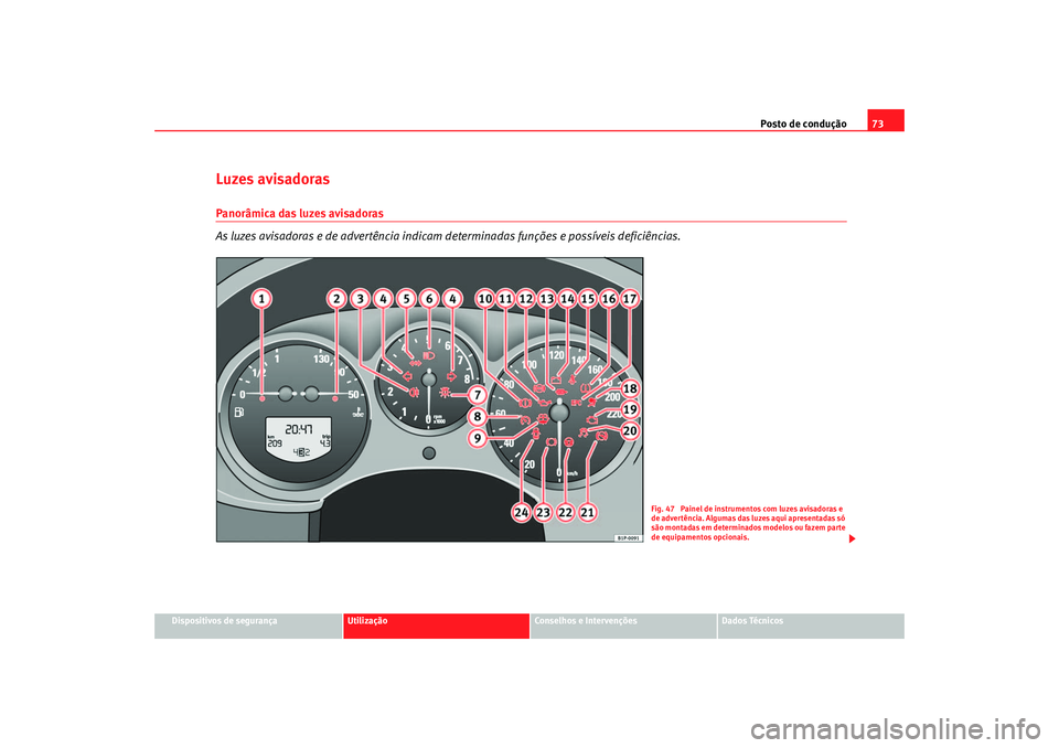 Seat Altea 2006 Manual do proprietário (in Portuguese) Posto de condução73
Dispositivos de segurança
Utilização
Conselhos e Intervenções
Dados Técnicos
Luzes avisadoras Panorâmica das luzes avisadoras
As luzes avisadoras e de advertência indicam Seat Altea 2006 Manual do proprietário (in Portuguese) Posto de condução73
Dispositivos de segurança
Utilização
Conselhos e Intervenções
Dados Técnicos
Luzes avisadoras Panorâmica das luzes avisadoras
As luzes avisadoras e de advertência indicam