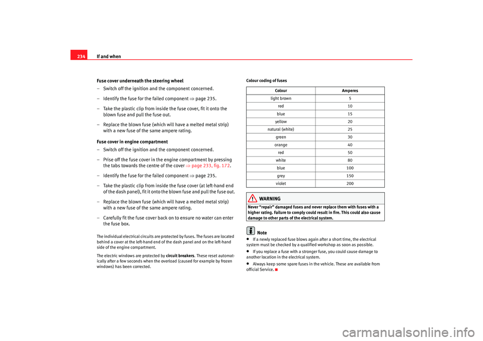 Seat Altea 2005 Owners Manual If and when
234
Fuse cover underneath the steering wheel
– Switch off the ignition and the component concerned.
– Identify the fuse for the failed component ⇒page 235.
– Take the plastic clip Seat Altea 2005 Owners Manual If and when
234
Fuse cover underneath the steering wheel
– Switch off the ignition and the component concerned.
– Identify the fuse for the failed component ⇒page 235.
– Take the plastic clip