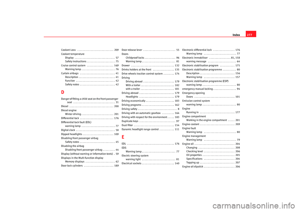 Seat Altea 2005 Owners Manual Index277
Coolant Loss . . . . . . . . . . . . . . . . . . . . . . . . . . . 209
Coolant temperature
Display . . . . . . . . . . . . . . . . . . . . . . . . . . . . . . 57
Safety instructions . . . . Seat Altea 2005 Owners Manual Index277
Coolant Loss . . . . . . . . . . . . . . . . . . . . . . . . . . . 209
Coolant temperature
Display . . . . . . . . . . . . . . . . . . . . . . . . . . . . . . 57
Safety instructions . . . .