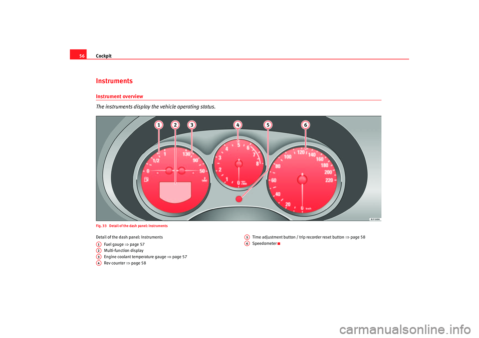 Seat Altea 2005 Workshop Manual Cockpit
56InstrumentsInstrument overview
The instruments display the vehicle operating status.Fig. 33 Detail of the dash panel: InstrumentsDetail of the dash panel: Instruments
Fuel gauge ⇒ page 57 Seat Altea 2005 Workshop Manual Cockpit
56InstrumentsInstrument overview
The instruments display the vehicle operating status.Fig. 33 Detail of the dash panel: InstrumentsDetail of the dash panel: Instruments
Fuel gauge ⇒ page 57