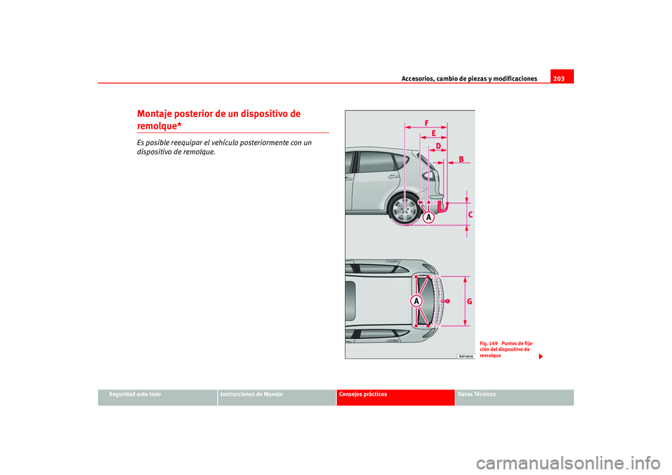Seat Altea 2005 Manual del propietario (in Spanish) Accesorios, cambio de piezas y modificaciones203
Seguridad ante todo
Instrucciones de Manejo
Consejos prácticos
Datos Técnicos
Montaje posterior de un dispositivo de remolque*Es posible reequipar el Seat Altea 2005 Manual del propietario (in Spanish) Accesorios, cambio de piezas y modificaciones203
Seguridad ante todo
Instrucciones de Manejo
Consejos prácticos
Datos Técnicos
Montaje posterior de un dispositivo de remolque*Es posible reequipar el