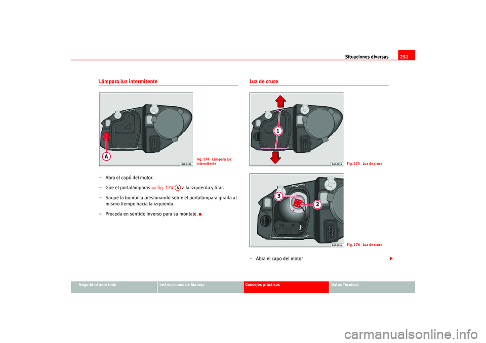 Seat Altea 2005 Manual del propietario (in Spanish) Situaciones diversas251
Seguridad ante todo
Instrucciones de Manejo
Consejos prácticos
Datos Técnicos
Lámpara luz intermitente–Abra el capó del motor.
– Gire el portalámparas ⇒fig. 174 a Seat Altea 2005 Manual del propietario (in Spanish) Situaciones diversas251
Seguridad ante todo
Instrucciones de Manejo
Consejos prácticos
Datos Técnicos
Lámpara luz intermitente–Abra el capó del motor.
– Gire el portalámparas ⇒fig. 174 a