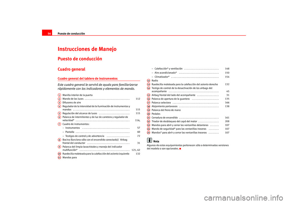 Seat Altea 2005 Manual del propietario (in Spanish) Puesto de conducción
56Instrucciones de ManejoPuesto de conducciónCuadro generalCuadro general del tablero de instrumentos
Este cuadro general le servirá de ayuda para familiarizarse
rápidamente Seat Altea 2005 Manual del propietario (in Spanish) Puesto de conducción
56Instrucciones de ManejoPuesto de conducciónCuadro generalCuadro general del tablero de instrumentos
Este cuadro general le servirá de ayuda para familiarizarse
rápidamente