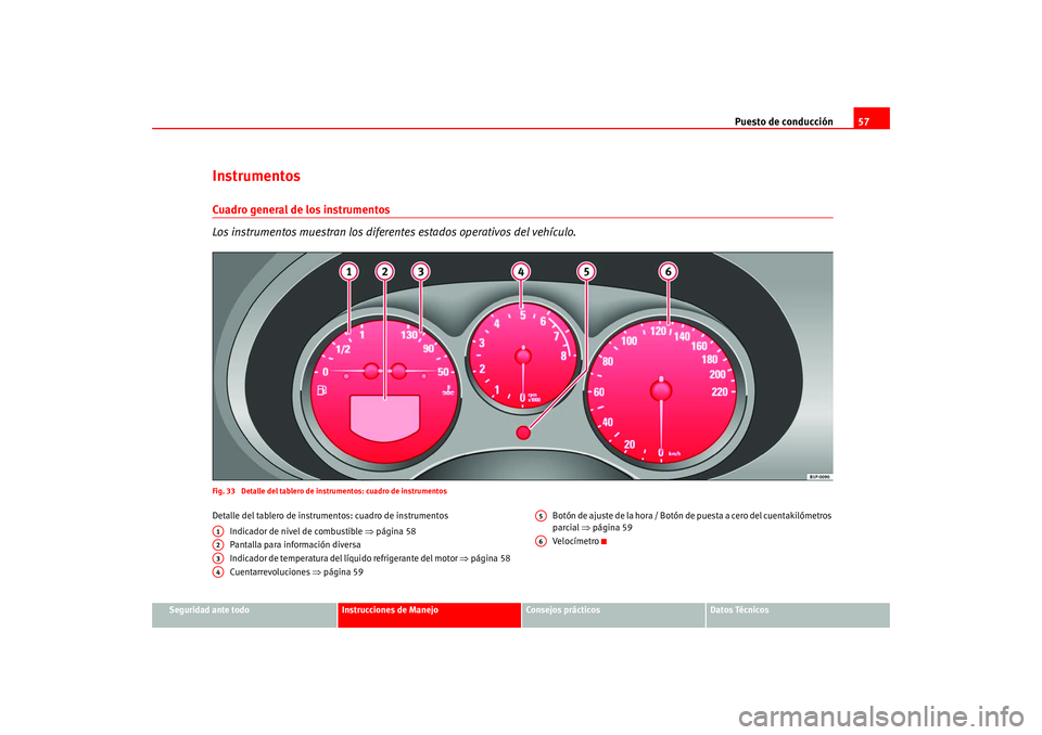 Seat Altea 2005 Manual del propietario (in Spanish) Puesto de conducción57
Seguridad ante todo
Instrucciones de Manejo
Consejos prácticos
Datos Técnicos
InstrumentosCuadro general de los instrumentos
Los instrumentos muestran los diferentes estados Seat Altea 2005 Manual del propietario (in Spanish) Puesto de conducción57
Seguridad ante todo
Instrucciones de Manejo
Consejos prácticos
Datos Técnicos
InstrumentosCuadro general de los instrumentos
Los instrumentos muestran los diferentes estados