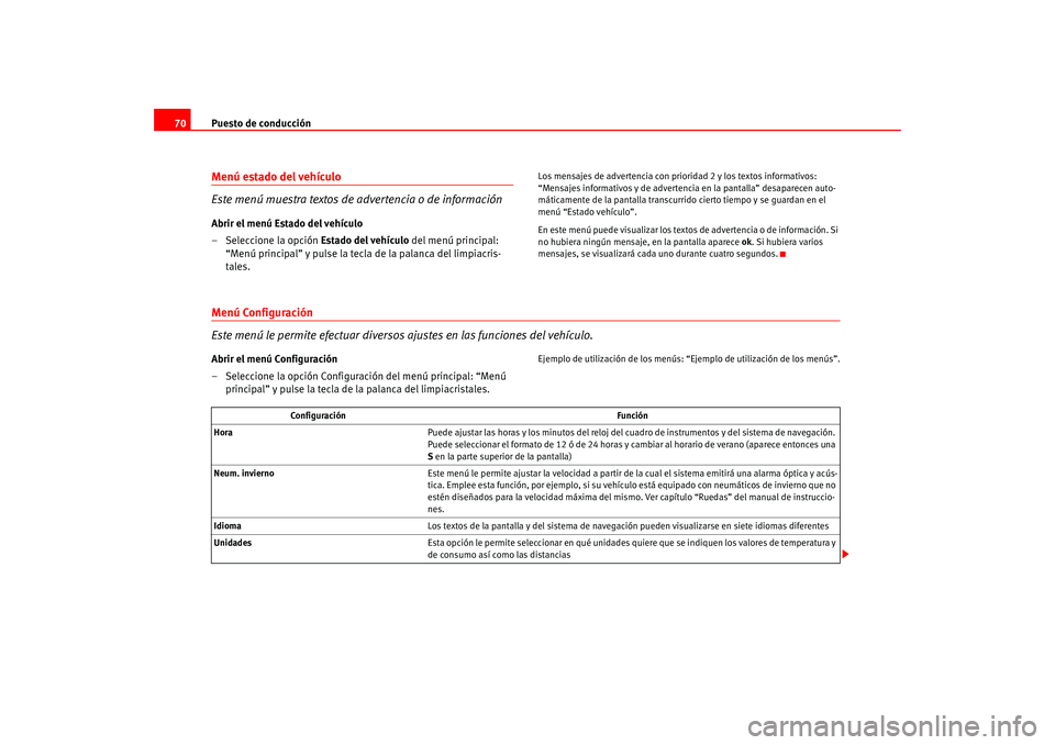 Seat Altea 2005 Manual del propietario (in Spanish) Puesto de conducción
70Menú estado del vehículo
Este menú muestra textos de advertencia o de informaciónAbrir el menú Estado del vehículo
– Seleccione la opción Estado del vehículo del me Seat Altea 2005 Manual del propietario (in Spanish) Puesto de conducción
70Menú estado del vehículo
Este menú muestra textos de advertencia o de informaciónAbrir el menú Estado del vehículo
– Seleccione la opción Estado del vehículo del me