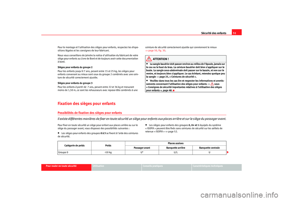 Seat Altea 2005 Manuel du propriétaire (in French) Sécurité des enfants51
Pour rouler en toute sécurité
Utilisation
Conseils pratiques
Caractéristiques techniques
Pour le montage et lutilisation des sièges pour enfants, respectez les dispo-
sit Seat Altea 2005 Manuel du propriétaire (in French) Sécurité des enfants51
Pour rouler en toute sécurité
Utilisation
Conseils pratiques
Caractéristiques techniques
Pour le montage et lutilisation des sièges pour enfants, respectez les dispo-
sit