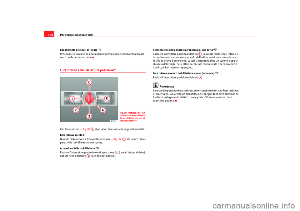 Seat Altea 2005 Manuale del proprietario (in Italian) Per vedere ed essere visti
120Spegnimento delle luci di lettura
Per spegnere una luce di lettura occorre premere una seconda volta il tasto
con il quale la si era accesa.Luci interne e luci di l Seat Altea 2005 Manuale del proprietario (in Italian) Per vedere ed essere visti
120Spegnimento delle luci di lettura
Per spegnere una luce di lettura occorre premere una seconda volta il tasto
con il quale la si era accesa.Luci interne e luci di l