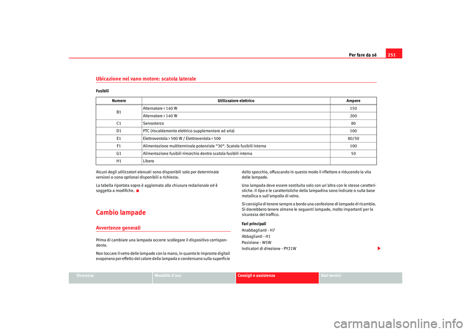 Seat Altea 2005  Manuale del proprietario (in Italian) Per fare da sé251
Sicurezza
Modalità duso
Consigli e assistenza
Dati tecnici
Ubicazione nel vano motore: scatola lateraleFusibili
Alcuni degli utilizzatori elencati  sono disponibili solo per deter