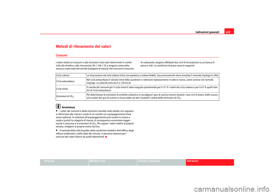 Seat Altea 2005  Manuale del proprietario (in Italian) Indicazioni generali269
Sicurezza
Modalità duso
Consigli e assistenza
Dati tecnici
Metodi di rilevamento dei valoriConsumiI valori relativi ai consumi e alle emissioni sono stati determinati in conf