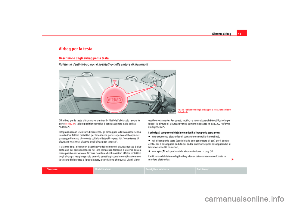 Seat Altea 2005  Manuale del proprietario (in Italian) Sistema airbag43
Sicurezza
Modalità duso
Consigli e assistenza
Dati tecnici
Airbag per la testaDescrizione degli airbag per la testa
Il sistema degli airbag non è sostitutivo delle cinture di sicur