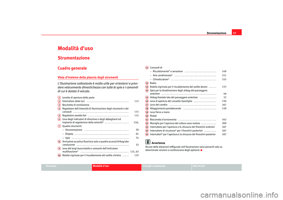 Seat Altea 2005  Manuale del proprietario (in Italian) Strumentazione57
Sicurezza
Modalità duso
Consigli e assistenza
Dati tecnici
Modalità dusoStrumentazioneCuadro generaleVista dinsieme della plancia degli strumenti
Lillustrazione sottostante è m