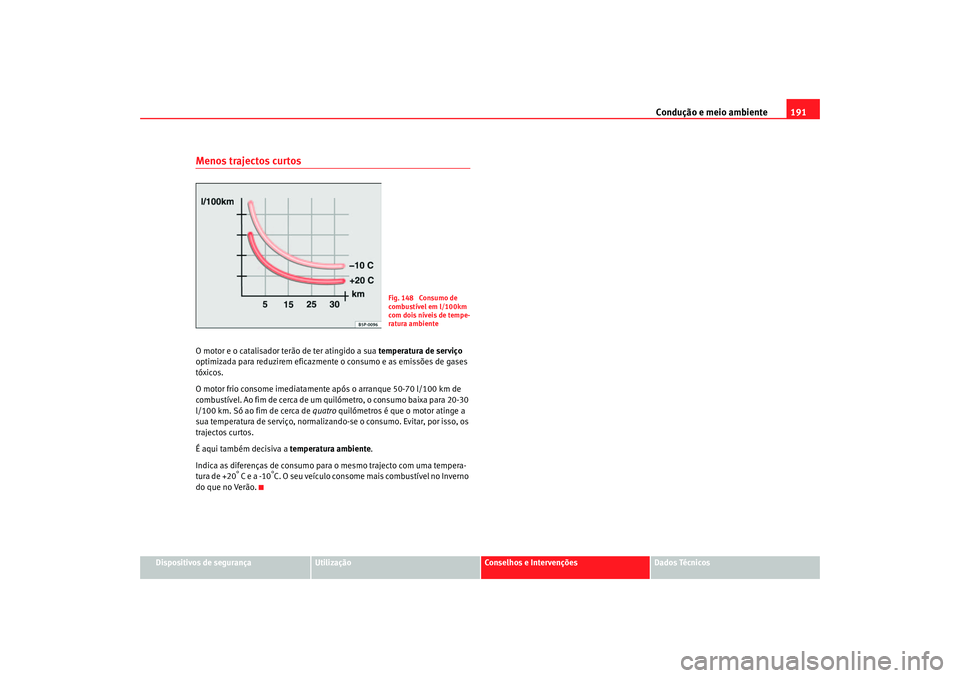 Seat Altea 2005 Manual do proprietário (in Portuguese) Condução e meio ambiente191
Dispositivos de segurança
Utilização
Conselhos e Intervenções
Dados Técnicos
Menos trajectos curtosO motor e o catalisador terão de ter atingido a sua temperatura Seat Altea 2005 Manual do proprietário (in Portuguese) Condução e meio ambiente191
Dispositivos de segurança
Utilização
Conselhos e Intervenções
Dados Técnicos
Menos trajectos curtosO motor e o catalisador terão de ter atingido a sua temperatura