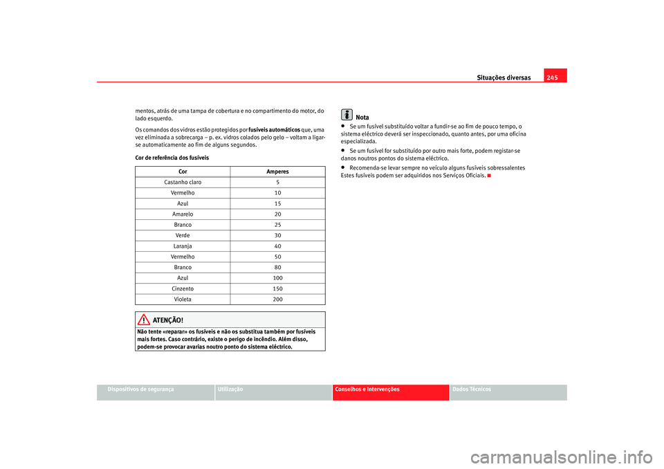 Seat Altea 2005 Manual do proprietário (in Portuguese) Situações diversas245
Dispositivos de segurança
Utilização
Conselhos e Intervenções
Dados Técnicos
mentos, atrás de uma tampa de cobertur
a e no compartimento do motor, do
lado esquerdo.
Os Seat Altea 2005 Manual do proprietário (in Portuguese) Situações diversas245
Dispositivos de segurança
Utilização
Conselhos e Intervenções
Dados Técnicos
mentos, atrás de uma tampa de cobertur
a e no compartimento do motor, do
lado esquerdo.
Os