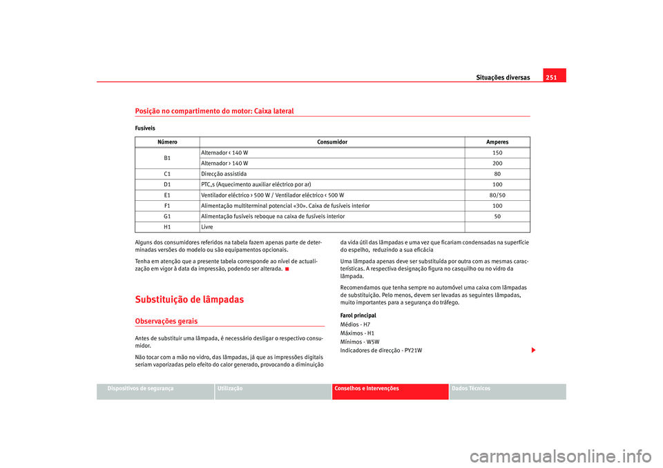 Seat Altea 2005 Manual do proprietário (in Portuguese) Situações diversas251
Dispositivos de segurança
Utilização
Conselhos e Intervenções
Dados Técnicos
Posição no compartimento do motor: Caixa lateralFusÃveis
Alguns dos consumidores referidos Seat Altea 2005 Manual do proprietário (in Portuguese) Situações diversas251
Dispositivos de segurança
Utilização
Conselhos e Intervenções
Dados Técnicos
Posição no compartimento do motor: Caixa lateralFusÃveis
Alguns dos consumidores referidos