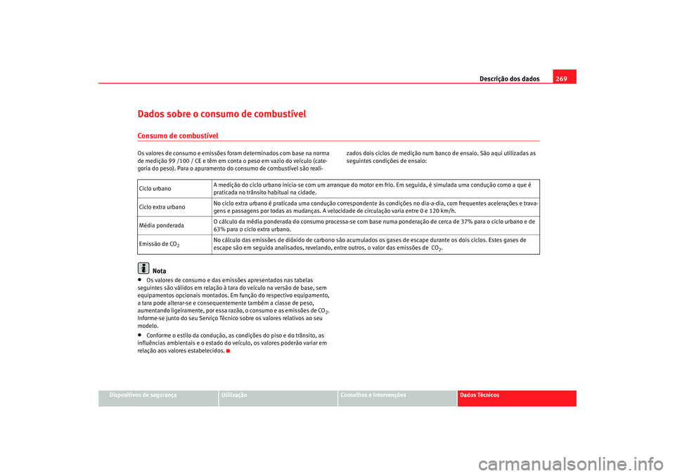 Seat Altea 2005 Manual do proprietário (in Portuguese) Descrição dos dados269
Dispositivos de segurança
Utilização
Conselhos e Intervenções
Dados Técnicos
Dados sobre o consumo de combustívelConsumo de combustívelOs valores de consumo e emissõe Seat Altea 2005 Manual do proprietário (in Portuguese) Descrição dos dados269
Dispositivos de segurança
Utilização
Conselhos e Intervenções
Dados Técnicos
Dados sobre o consumo de combustívelConsumo de combustívelOs valores de consumo e emissõe