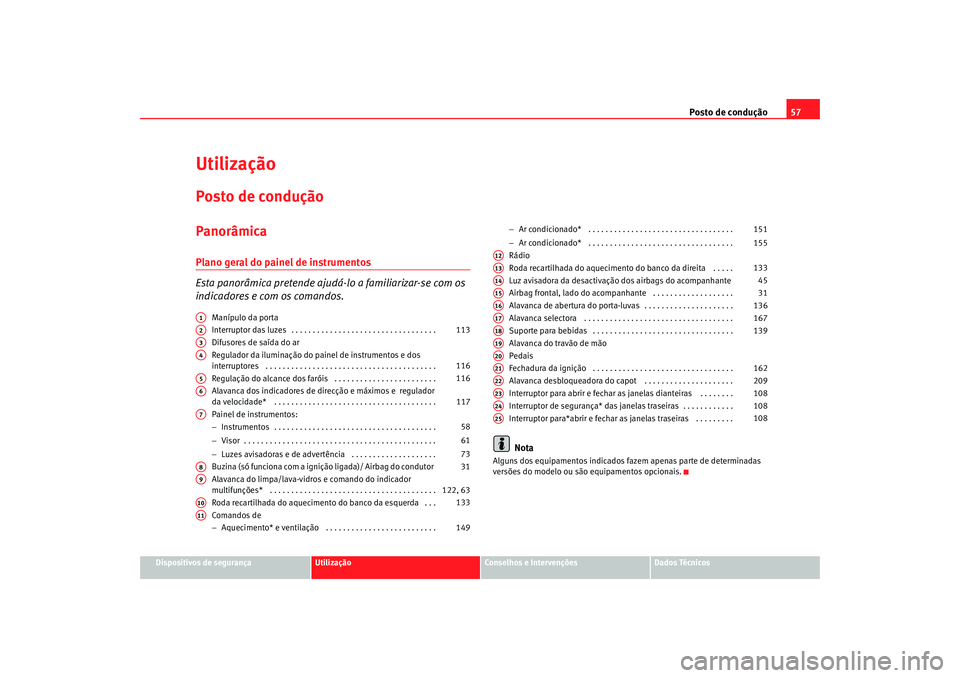 Seat Altea 2005 Manual do proprietário (in Portuguese) Posto de condução57
Dispositivos de segurança
Utilização
Conselhos e Intervenções
Dados Técnicos
UtilizaçãoPosto de conduçãoPanorâmicaPlano geral do painel de instrumentos
Esta panorâmic Seat Altea 2005 Manual do proprietário (in Portuguese) Posto de condução57
Dispositivos de segurança
Utilização
Conselhos e Intervenções
Dados Técnicos
UtilizaçãoPosto de conduçãoPanorâmicaPlano geral do painel de instrumentos
Esta panorâmic