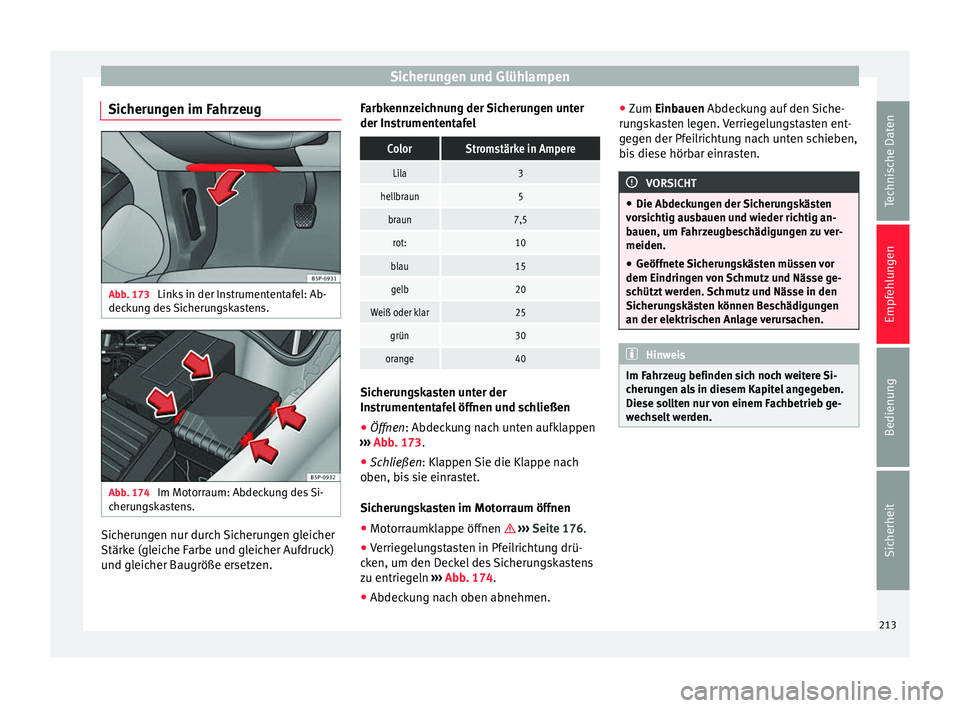 Seat Altea Freetrack 2015 Betriebsanleitung (in German) Sicherungen und Glühlampen
Sicherungen im Fahrzeug Abb. 173
Links in der Instrumententafel: Ab-
deckung des Sicherungskastens. Abb. 174
Im Motorraum: Abdeckung des Si-
cherungskastens. Sicherungen Seat Altea Freetrack 2015 Betriebsanleitung (in German) Sicherungen und Glühlampen
Sicherungen im Fahrzeug Abb. 173
Links in der Instrumententafel: Ab-
deckung des Sicherungskastens. Abb. 174
Im Motorraum: Abdeckung des Si-
cherungskastens. Sicherungen
