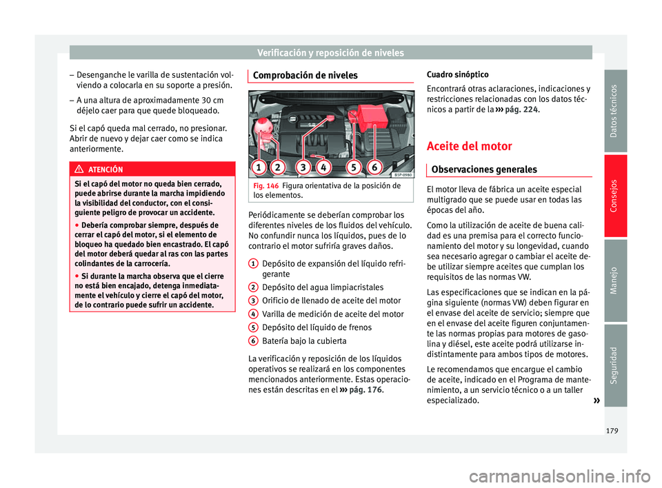 Seat Altea Freetrack 2015 Manual del propietario (in Spanish) Verificación y reposición de niveles
– Desenganche le varilla de sustentación vol-
viendo a colocarla en su soporte a presión.
– A una altura de aproximadamente 30 cm
déjelo caer para que que Seat Altea Freetrack 2015 Manual del propietario (in Spanish) Verificación y reposición de niveles
– Desenganche le varilla de sustentación vol-
viendo a colocarla en su soporte a presión.
– A una altura de aproximadamente 30 cm
déjelo caer para que que