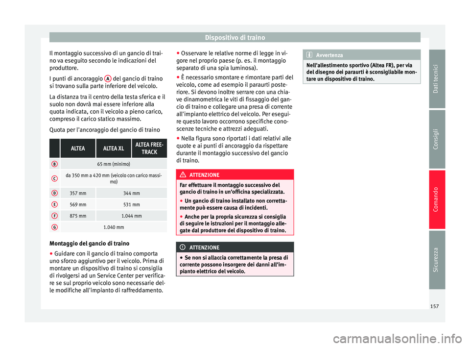 Seat Altea Freetrack 2015 Manuale del proprietario (in Italian) Dispositivo di traino
Il montaggio successivo di un gancio di trai-
no va eseguito secondo le indicazioni del
produttore.
I punti di ancoraggio A del gancio di traino
si trovano sulla parte inferior Seat Altea Freetrack 2015 Manuale del proprietario (in Italian) Dispositivo di traino
Il montaggio successivo di un gancio di trai-
no va eseguito secondo le indicazioni del
produttore.
I punti di ancoraggio A del gancio di traino
si trovano sulla parte inferior