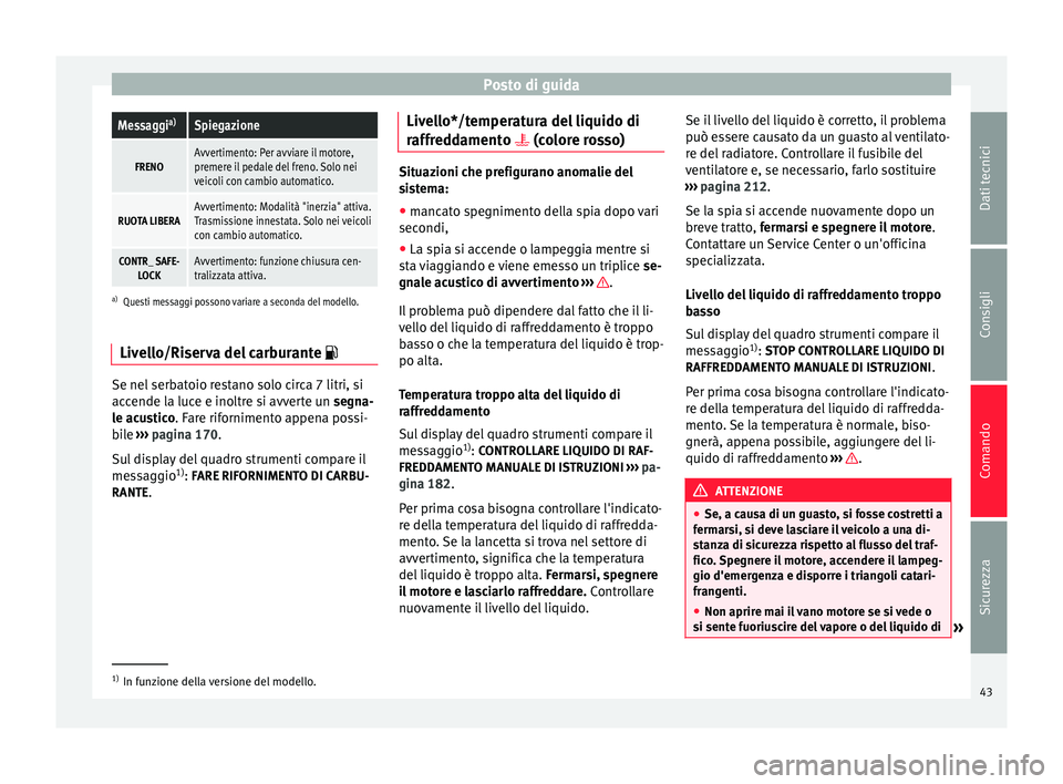 Seat Altea Freetrack 2015 Manuale del proprietario (in Italian) Posto di guidaMessaggi
a)Spiegazione
FRENOAvvertimento: Per avviare il motore,
premere il pedale del freno. Solo nei
veicoli con cambio automatico.
RUOTA LIBERAAvvertimento: Modalità "inerzia" Seat Altea Freetrack 2015 Manuale del proprietario (in Italian) Posto di guidaMessaggi
a)Spiegazione
FRENOAvvertimento: Per avviare il motore,
premere il pedale del freno. Solo nei
veicoli con cambio automatico.
RUOTA LIBERAAvvertimento: Modalità "inerzia"