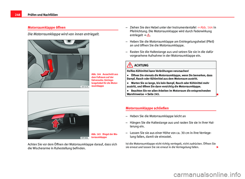 Seat Altea Freetrack 2014 Betriebsanleitung (in German) 248Prüfen und Nachfüllen
Motorraumklappe öffnen
Die Motorraumklappe wird von innen entriegelt.
Abb. 164 Ausschnitt aus
dem Fußraum auf der
Fahrerseite: Entriege-
lungshebel für die Motor-
raumkl Seat Altea Freetrack 2014 Betriebsanleitung (in German) 248Prüfen und Nachfüllen
Motorraumklappe öffnen
Die Motorraumklappe wird von innen entriegelt.
Abb. 164 Ausschnitt aus
dem Fußraum auf der
Fahrerseite: Entriege-
lungshebel für die Motor-
raumkl