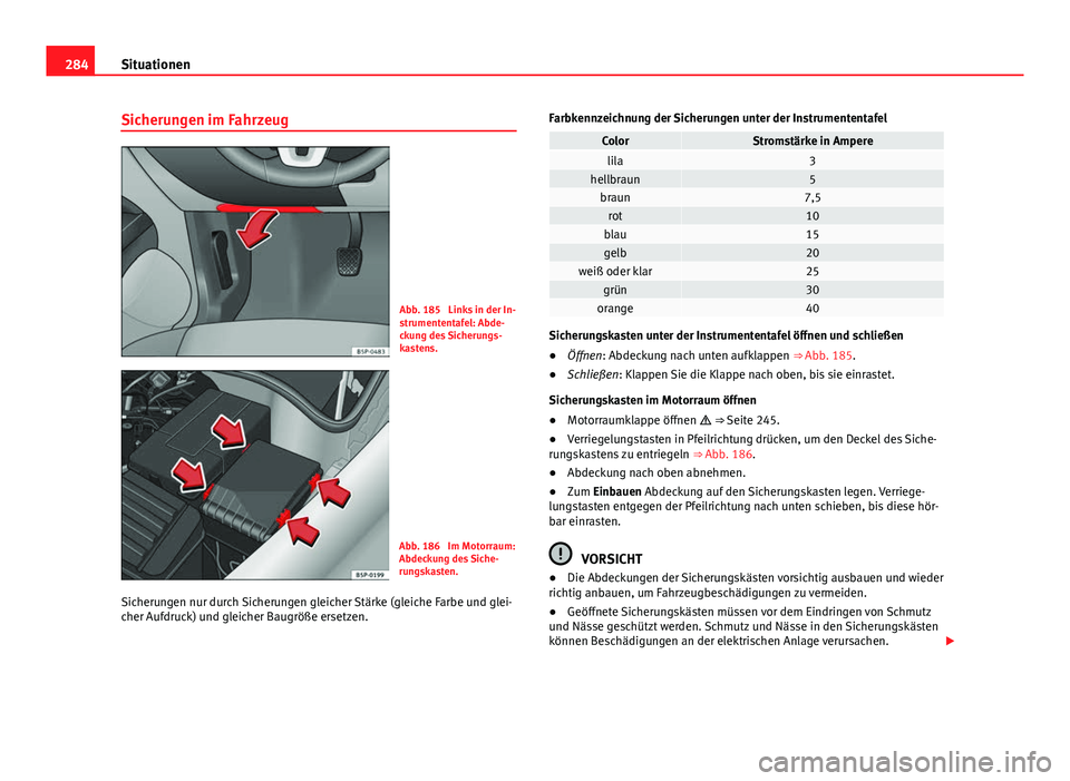 Seat Altea Freetrack 2014 Betriebsanleitung (in German) 284Situationen
Sicherungen im Fahrzeug
Abb. 185 Links in der In-
strumententafel: Abde-
ckung des Sicherungs-
kastens.
Abb. 186 Im Motorraum:
Abdeckung des Siche-
rungskasten.
Sicherungen nur durch Seat Altea Freetrack 2014 Betriebsanleitung (in German) 284Situationen
Sicherungen im Fahrzeug
Abb. 185 Links in der In-
strumententafel: Abde-
ckung des Sicherungs-
kastens.
Abb. 186 Im Motorraum:
Abdeckung des Siche-
rungskasten.
Sicherungen nur durch