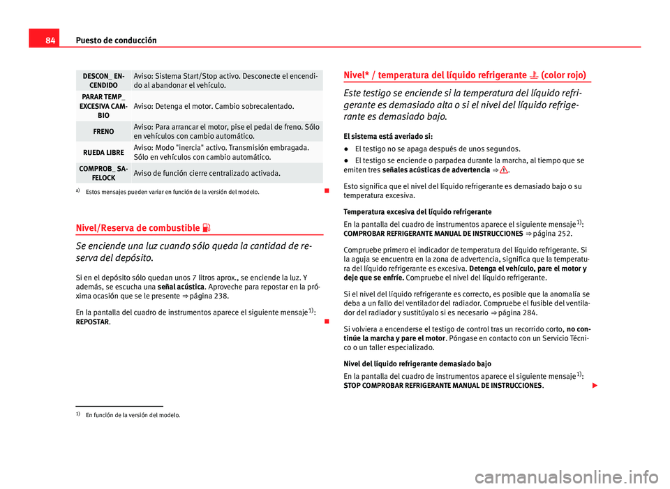 Seat Altea Freetrack 2014  Manual del propietario (in Spanish) 84Puesto de conducción
DESCON_ EN-
CENDIDOAviso: Sistema Start/Stop activo. Desconecte el encendi-
do al abandonar el vehículo.
PARAR TEMP_
EXCESIVA CAM- BIOAviso: Detenga el motor. Cambio sobrecale