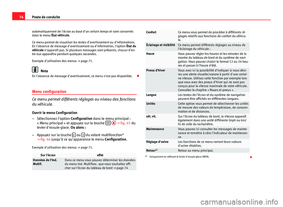 Seat Altea Freetrack 2014  Manuel du propriétaire (in French)  76Poste de conduite
automatiquement de l'écran au bout d'un certain temps et sont conservés
dans le menu  État véhicule.
Ce menu permet de visualiser les textes d'avertissement ou d