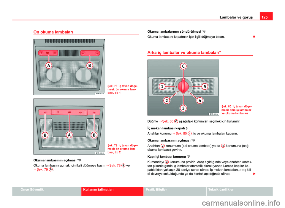 Seat Altea Freetrack 2014 Kullanım Kılavuzu (in Turkish) 125
Lambalar ve görüş
Ön okuma lambaları
Şek. 78 İç tavan döşe-
mesi: ön okuma lam-
bası, tip 1
Şek. 79 İç tavan döşe-
mesi: ön okuma lam-
bası, tip 2
Okuma lambasının açılması Seat Altea Freetrack 2014 Kullanım Kılavuzu (in Turkish) 125
Lambalar ve görüş
Ön okuma lambaları
Şek. 78 İç tavan döşe-
mesi: ön okuma lam-
bası, tip 1
Şek. 79 İç tavan döşe-
mesi: ön okuma lam-
bası, tip 2
Okuma lambasının açılması