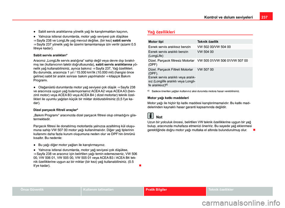 Seat Altea Freetrack 2014 Kullanım Kılavuzu (in Turkish) 237
Kontrol ve dolum seviyeleri
● Sabit servis aralıklarına yönelik yağ ile karıştırmaktan kaçının,
● Yalnızca istisnai durumlarda, motor yağı seviyesi çok düşükse
⇒ Sayfa 238 Seat Altea Freetrack 2014 Kullanım Kılavuzu (in Turkish) 237
Kontrol ve dolum seviyeleri
● Sabit servis aralıklarına yönelik yağ ile karıştırmaktan kaçının,
● Yalnızca istisnai durumlarda, motor yağı seviyesi çok düşükse
⇒ Sayfa 238