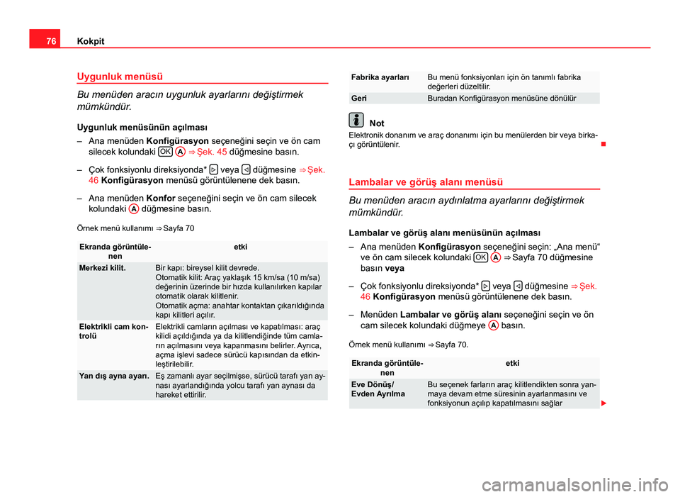 Seat Altea Freetrack 2014 Kullanım Kılavuzu (in Turkish) 76Kokpit
Uygunluk menüsü
Bu menüden aracın uygunluk ayarlarını değiştirmek
mümkündür.
Uygunluk menüsünün açılması
– Ana menüden Konfigürasyon seçeneğini seçin ve ön cam silece Seat Altea Freetrack 2014 Kullanım Kılavuzu (in Turkish) 76Kokpit
Uygunluk menüsü
Bu menüden aracın uygunluk ayarlarını değiştirmek
mümkündür.
Uygunluk menüsünün açılması
– Ana menüden Konfigürasyon seçeneğini seçin ve ön cam silece