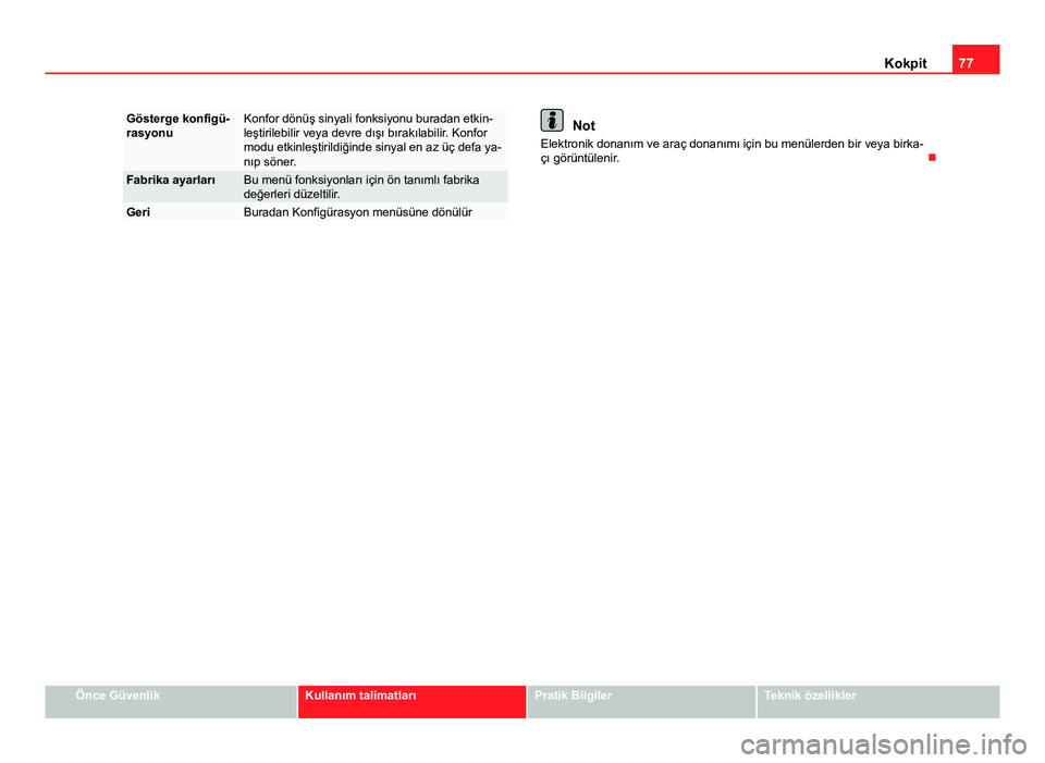 Seat Altea Freetrack 2014 Kullanım Kılavuzu (in Turkish) 77
Kokpit
Gösterge konfigü-
rasyonuKonfor dönüş sinyali fonksiyonu buradan etkin-
leştirilebilir veya devre dışı bırakılabilir. Konfor
modu etkinleştirildiğinde sinyal en az üç defa ya- Seat Altea Freetrack 2014 Kullanım Kılavuzu (in Turkish) 77
Kokpit
Gösterge konfigü-
rasyonuKonfor dönüş sinyali fonksiyonu buradan etkin-
leştirilebilir veya devre dışı bırakılabilir. Konfor
modu etkinleştirildiğinde sinyal en az üç defa ya-