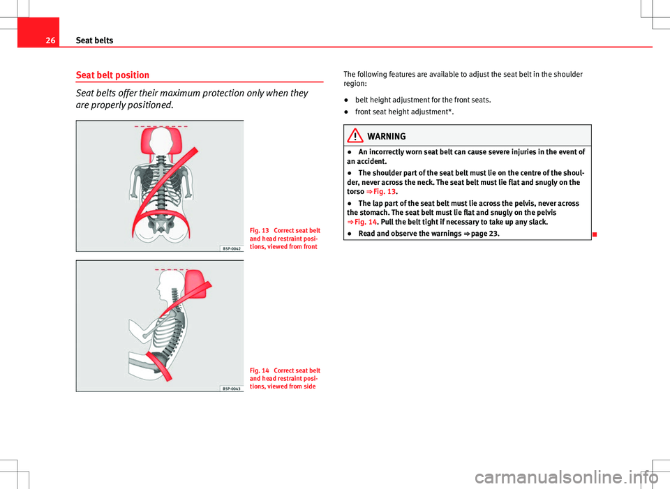 Seat Altea Freetrack 2013  Owners Manual 26Seat belts
Seat belt position
Seat belts offer their maximum protection only when they
are properly positioned.
Fig. 13  Correct seat belt
and head restraint posi-
tions, viewed from front
Fig. 14  